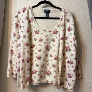 Lauren Ralph Lauren floral cardigan twin set with lace trim - 3/4 sleeve, Size L
